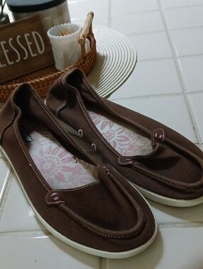Joe Boxer Brown Canvas Slip-On Flats with Pink Accents